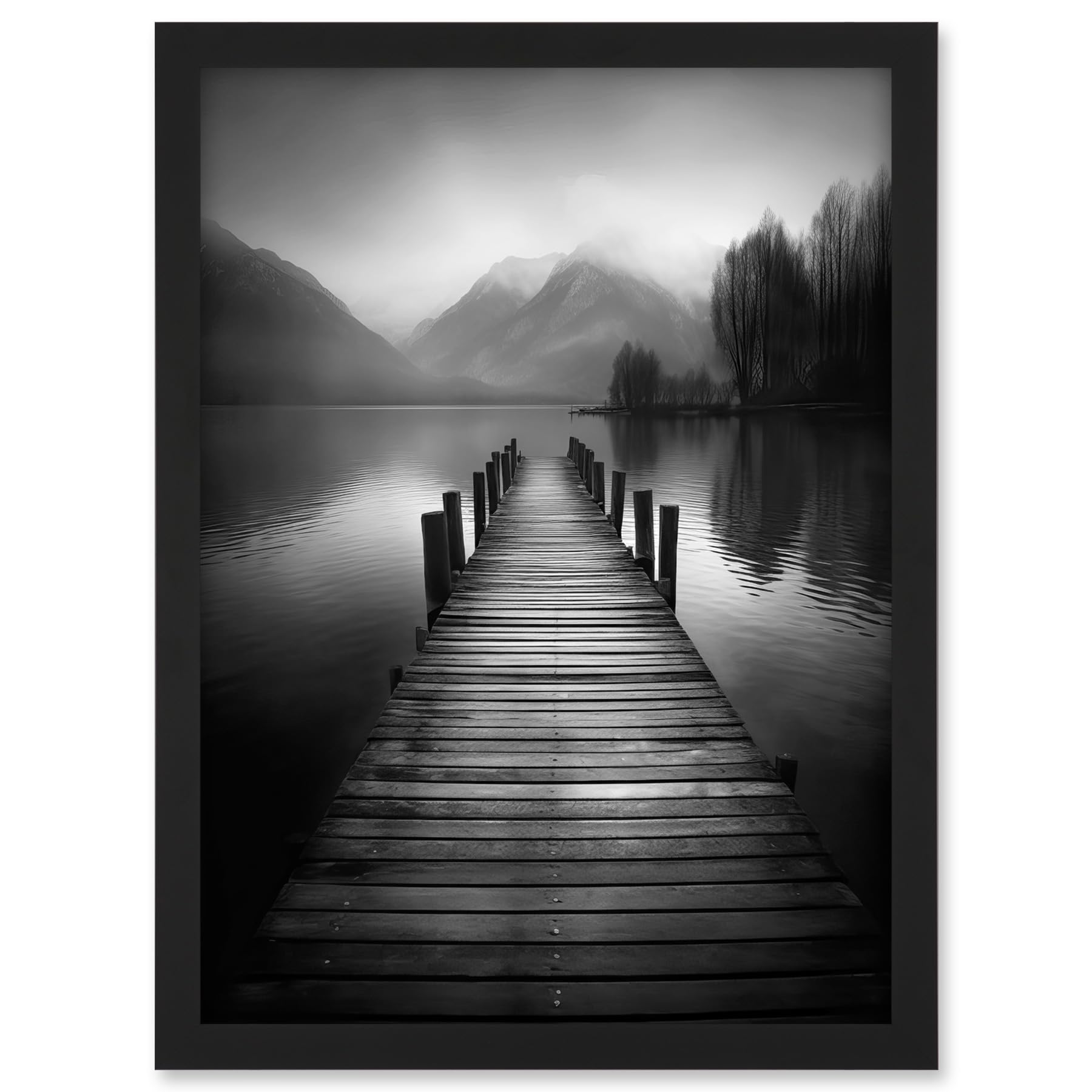 Artery8 Lake Pier Mountain Landscape Black and White Photo Artwork Framed A3 Wall Art Print
