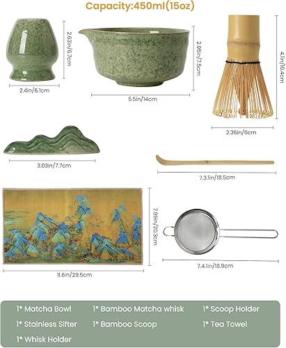 Miniatura 2 de Juego de batidor de matcha, 7 piezas, incluye cuenco de matcha con boquilla de 15 onzas, batidor de bambú, pala y tamiz para amantes del matcha,