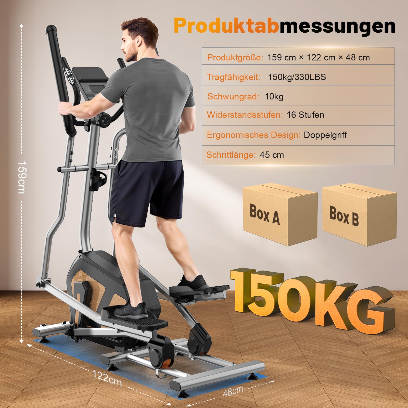 Crosstrainer für Zuhause, Magnetischer Ellipsentrainer mit 16 Widerstandsstufen, 10kg Schwungrad, 45cm Schrittlänge, App Kompatibel, Pulssensor, bis 150kg