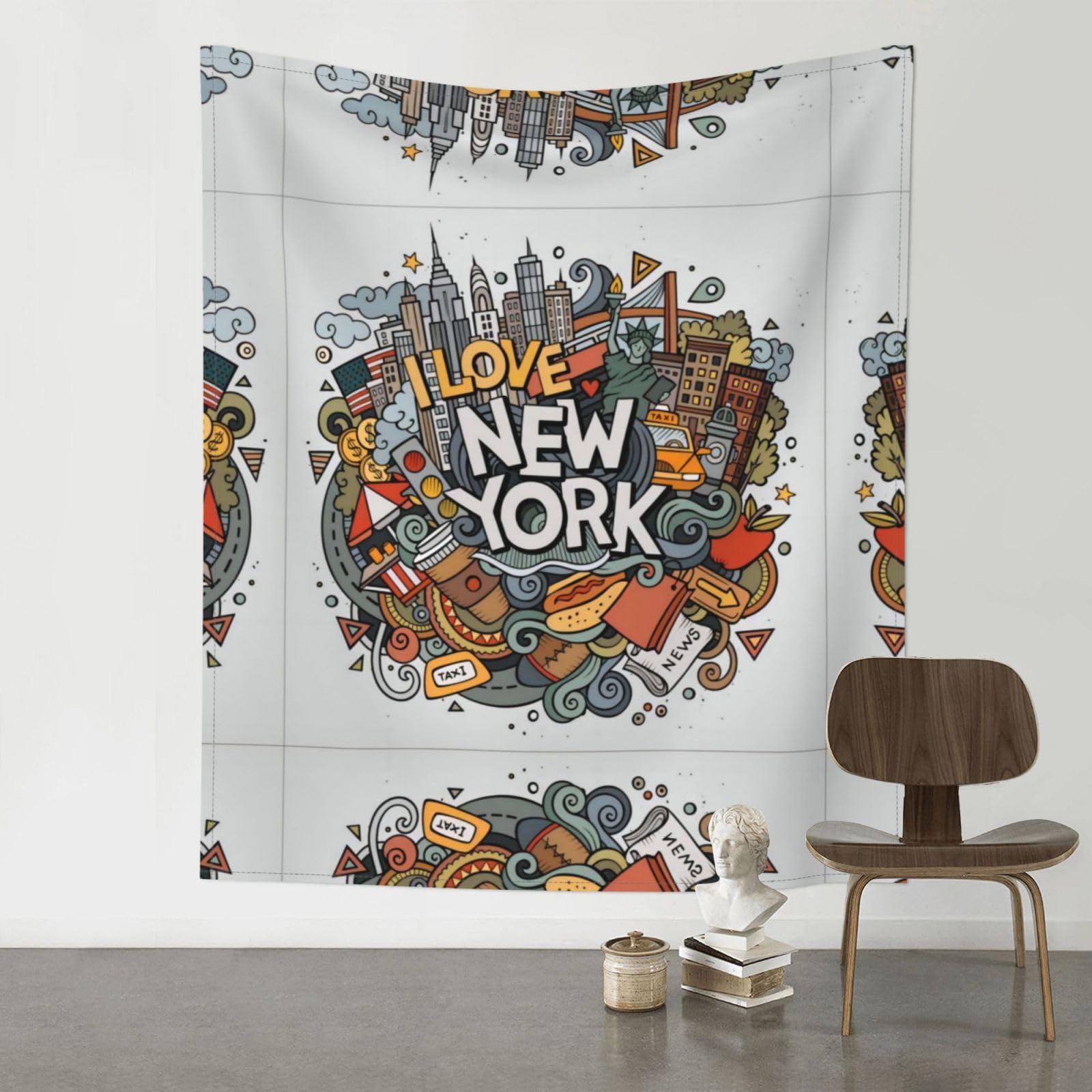 YYHWHJDE Cartoon Cute New York American Theme Art Prints 60x51in Wall Tapestry – Boho Decor Throw Blanket for Bedroom, Dorm, Beach Cover, Picnic & More