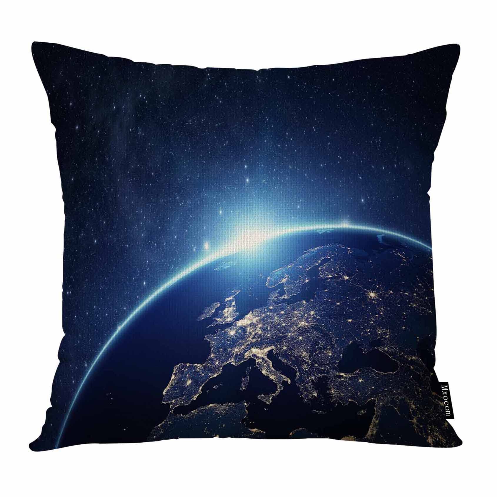 Mxocom Universe Planet Throw Pillow Cover Stars Shine Earth Continent is Brightly Lighted Bright Sunlight Cotton Linen Pillowcase Cushion 18 x 18 Inch for Sofa, Bed, Car Decor