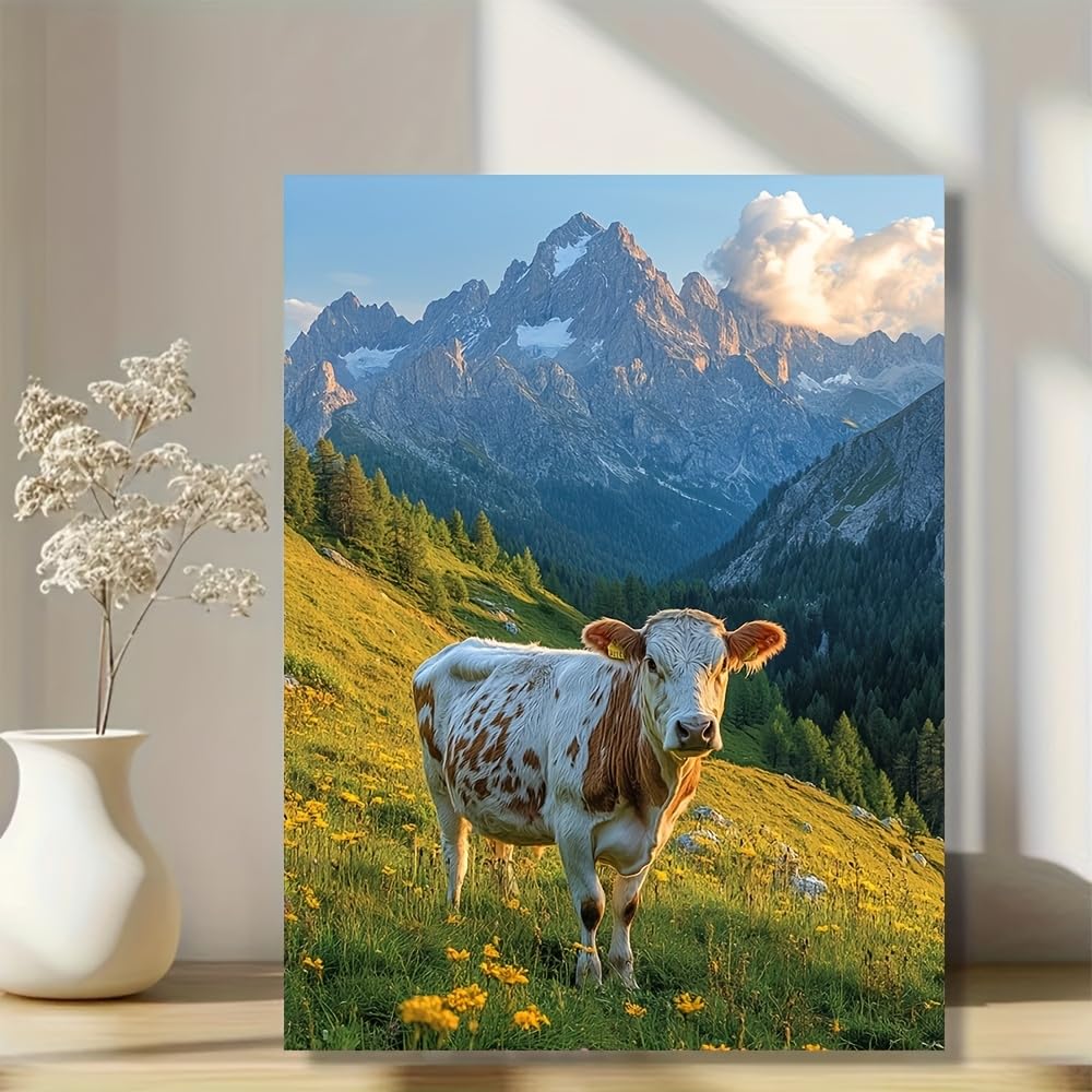 Obraz ścienny z motywem krowy w Dolomitach, obraz ścienny z motywem krowy, do salonu, korytarza (50 x 60 cm/z ramą)