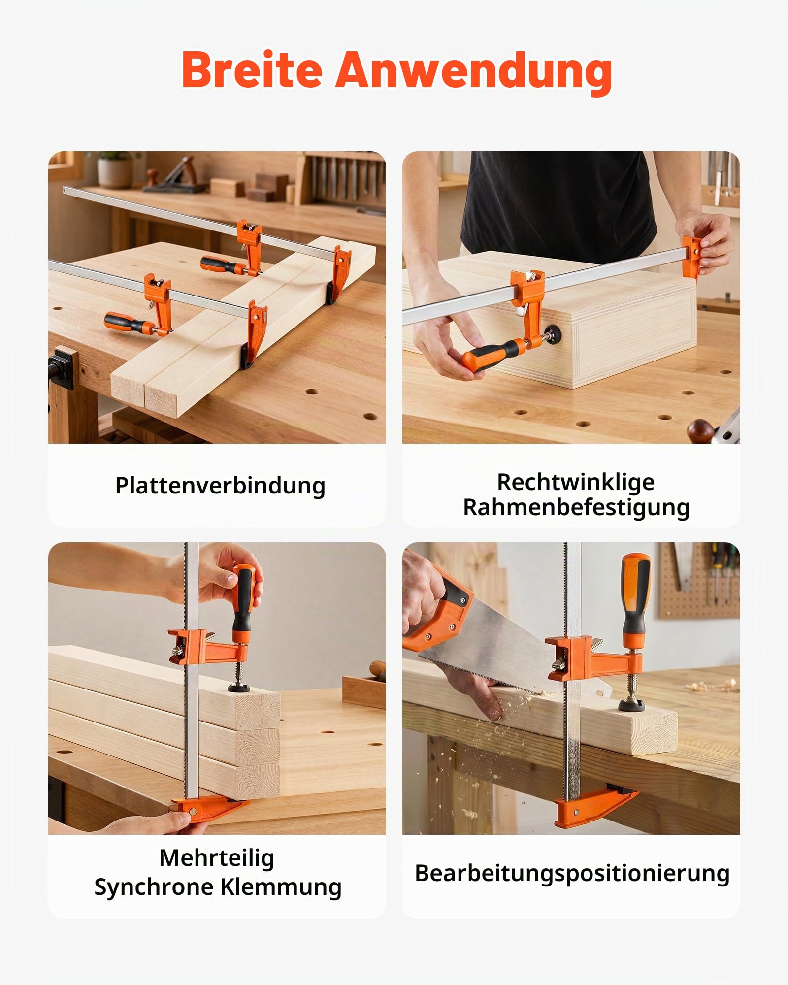VEVOR Schraubzwingen 8er-Pack, 91,4 cm Öffnungsweite, F-Zwingen, 272 kg Klemmzwingen, mit Kunststoffauflage & Selbstverriegelung, Gusseisen & Kohlenstoffstahl, für die Holz- & Metallbearbeitung