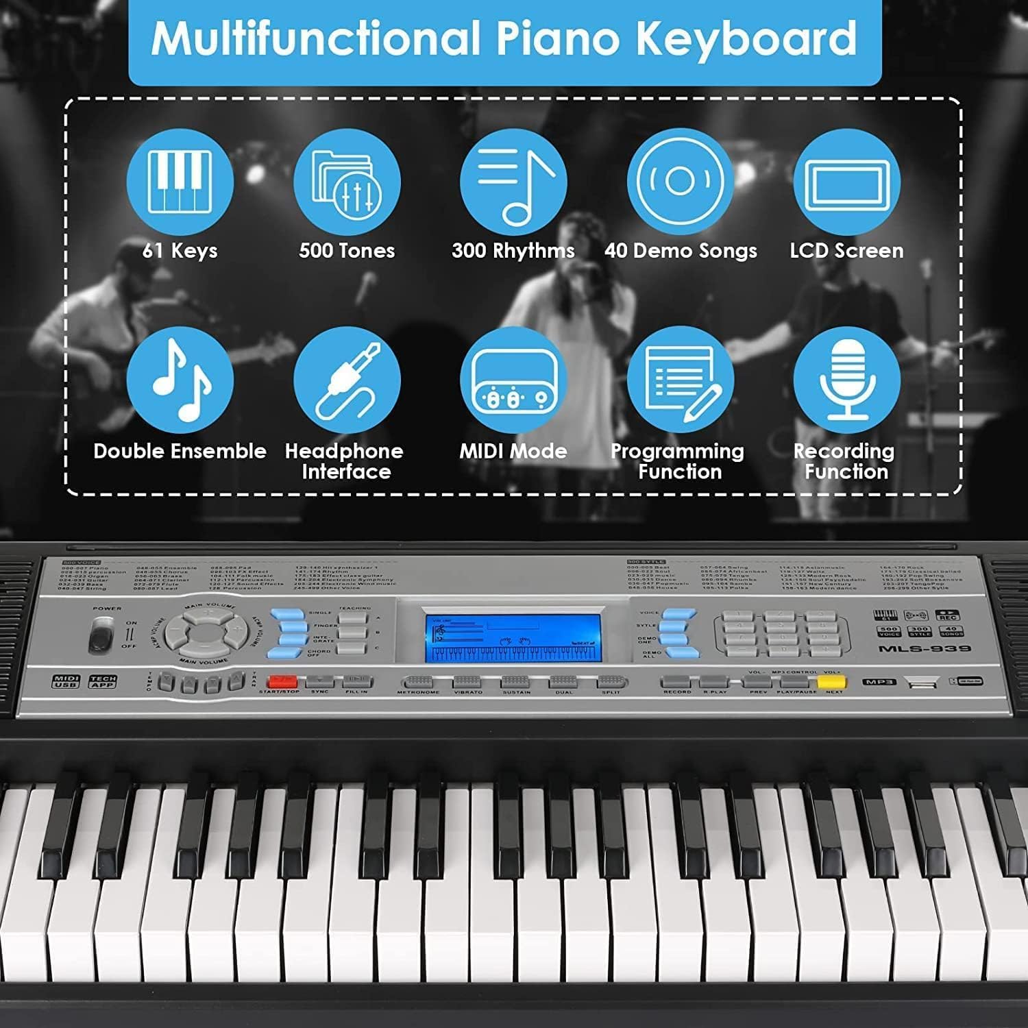 Clavier Piano 61PCS Touches, Piano Numérique, avec Pupitre, Fonction d'Enregistrement et de Programmation, Pianos Numériques pour Enfants, Adultes, Débutants, Claviers électroniques 85 x 32 x 10.5 cm