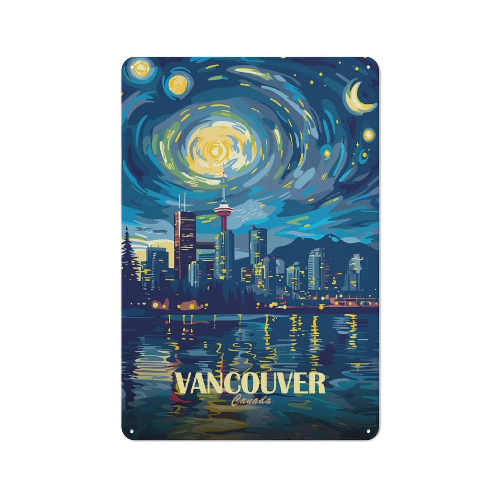 Vancouver Canada Night Skyline Art Warehouse Style Metal Wall Decor 30x20cm, Metal Wall Sign for Workspace, Cafe, Hallway Or Garage