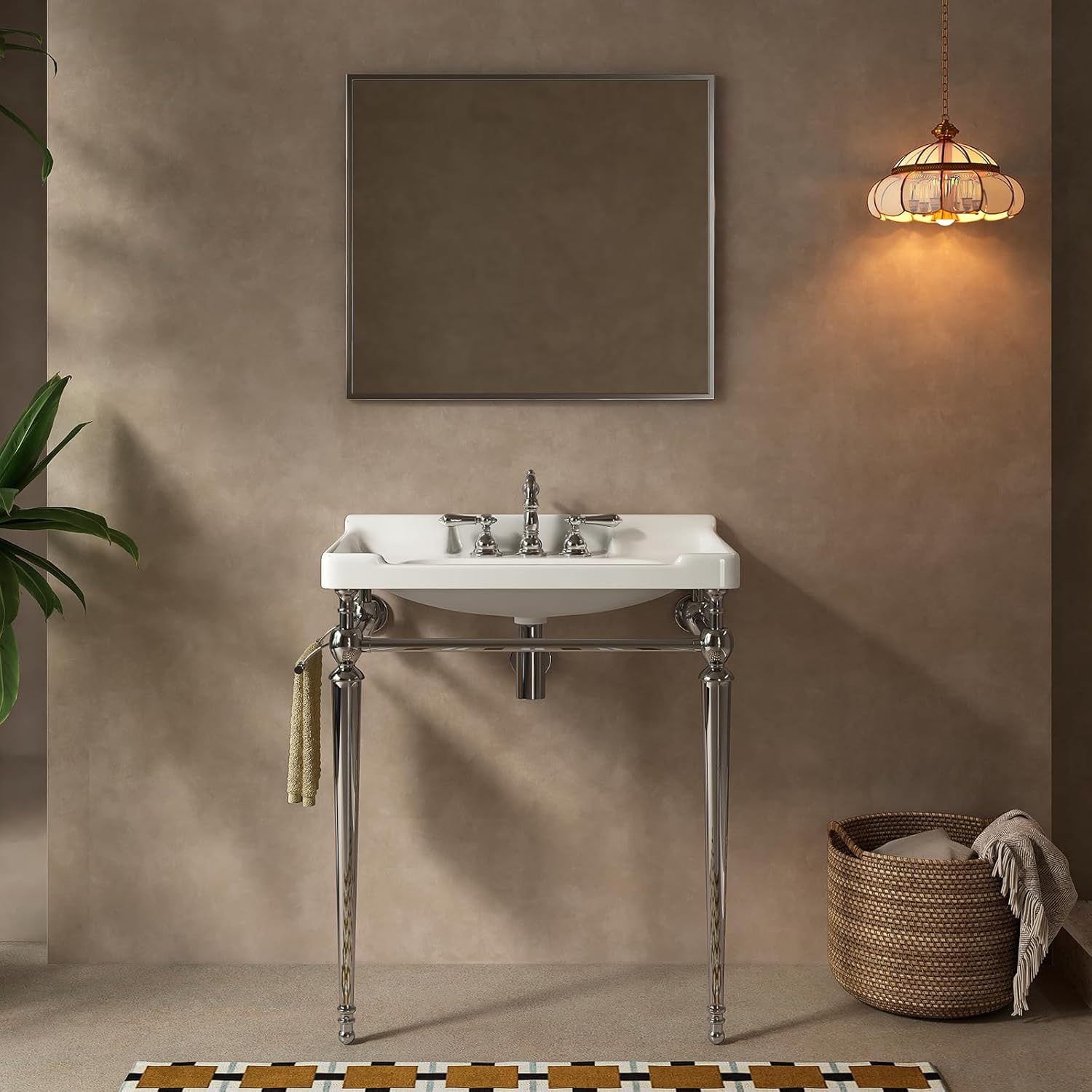 28'' Console Bathroom Sink, Freestanding Console Sink With Brushed Chrome Legs, Modern Bathroom Vanity with 3 Tap Holes, White Basin with Silver