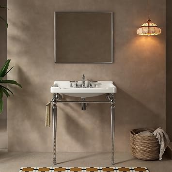 28" Console Bathroom Sink, Console Sink, White Basin with Silver