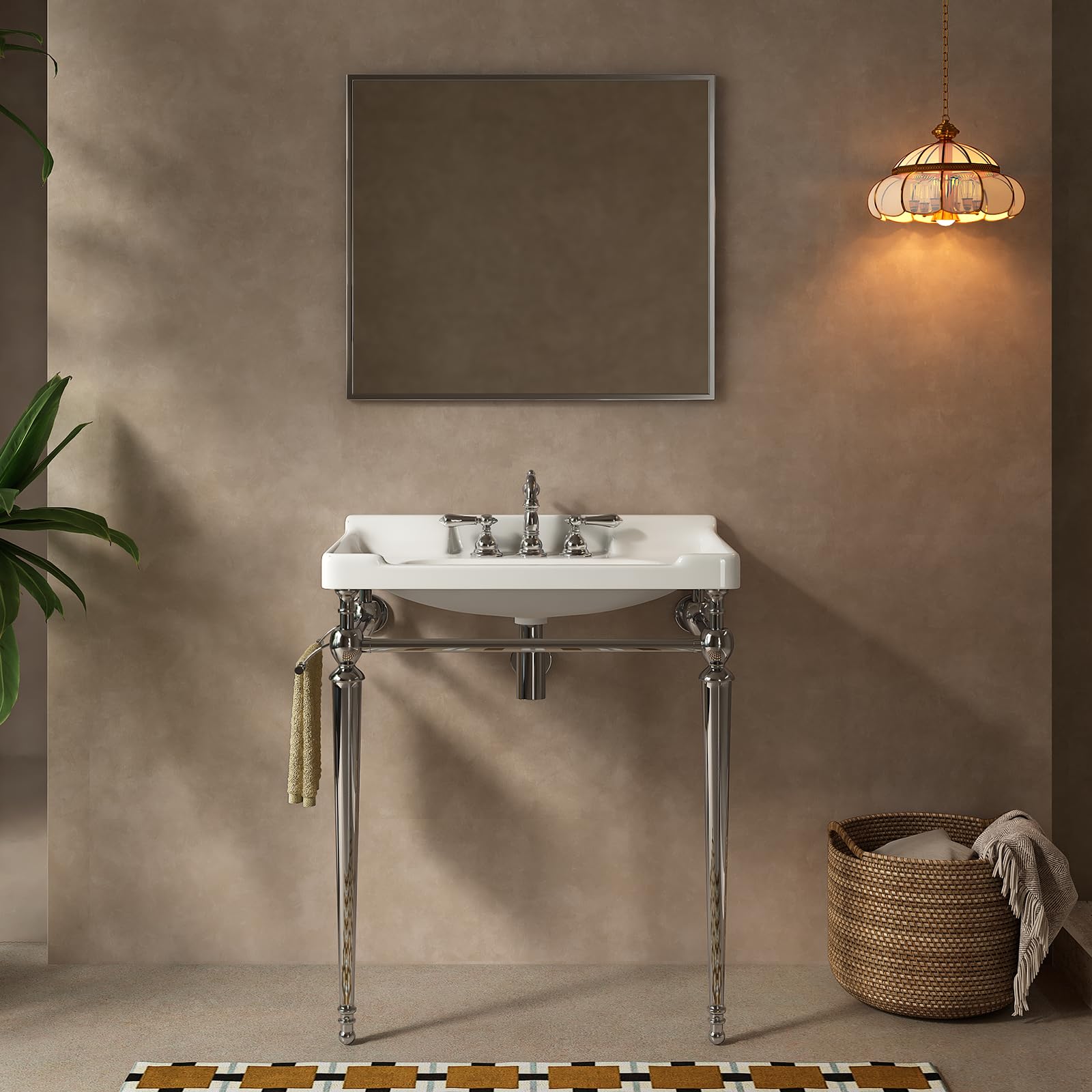 AmbroVania 28" Free Standing Bathroom Vanity with Stainless Steel Chrome Supporting Leg and Towel Rack, Wall-Mounted Bathroom Console Sink with 3 Tap