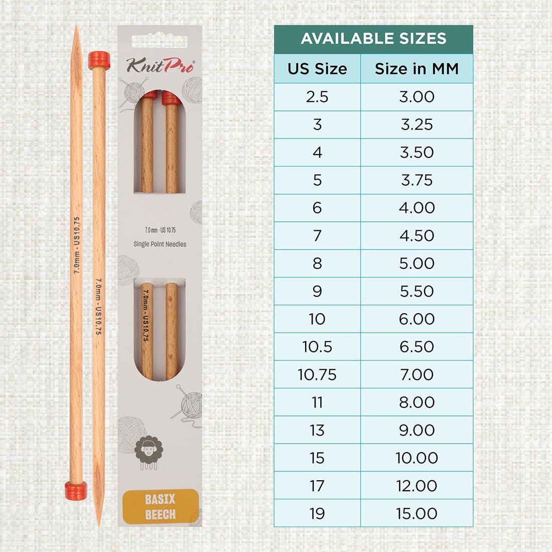 KnitPro Basix Beech Single Pointed Needles 10" (25cm) | US Size 10.75 (7mm)