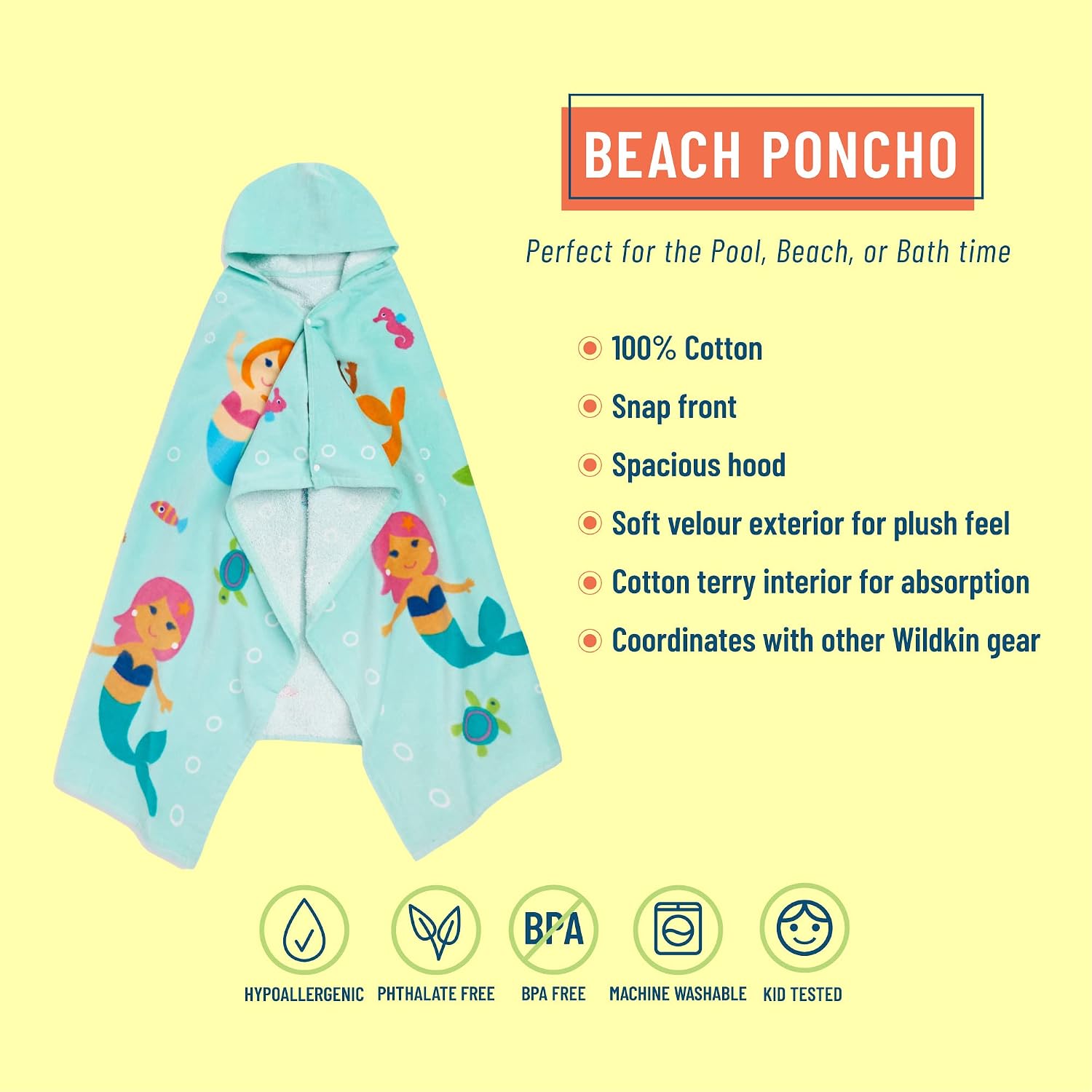 Wildkin Kids Beach Poncho Bundle with 14 oz Steel Water Bottle – Soft, Absorbent, Quick-Dry Hooded Cover-Up for Pool & Beach - Mermaids image 4