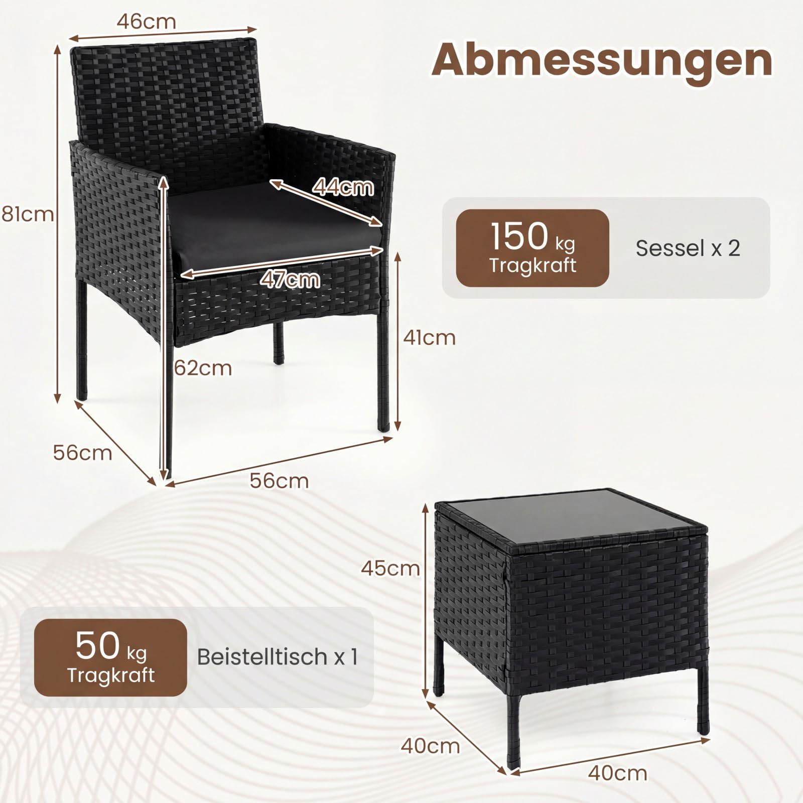 COSTWAY Rattan Gartenmöbel Set, Balkonmöbel mit 2 Stühlen & Gartentisch, wetterfeste Outdoor-Sitzgruppe mit Sitzkissen, 3-teiliges Terrassenmöbel Set für Garten und kleinen Balkon (Schwarz)