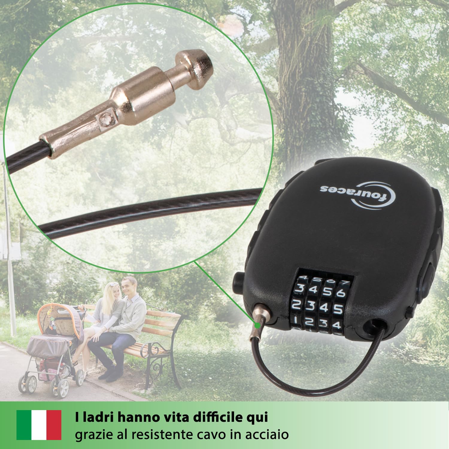 fouraces lucchetto con cavo retrattile 70 cm, lucchetti a combinazione a 4 cifre, antifurto per bicicletta, scooter, biciclette, sci, casco, moto