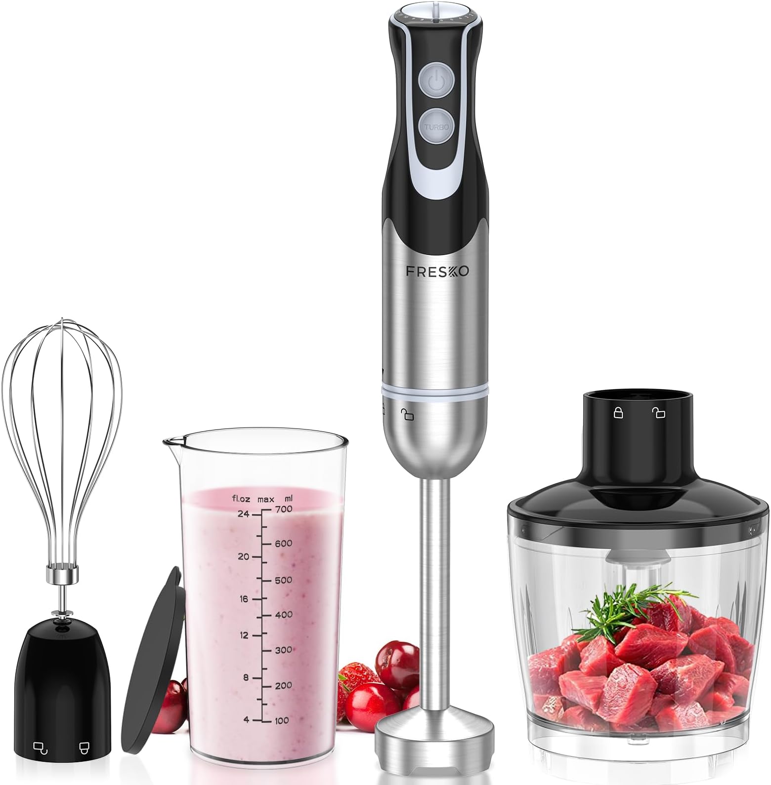 FRESKO Hand Blender 4-in-1, 1000W Electric Stick Blender Stainless Steel with 12-Speeds & Turbo Mode, Baby Food Immersion Blender Handheld with Whisk,700ml Measuring Cup & 500ml Chopper