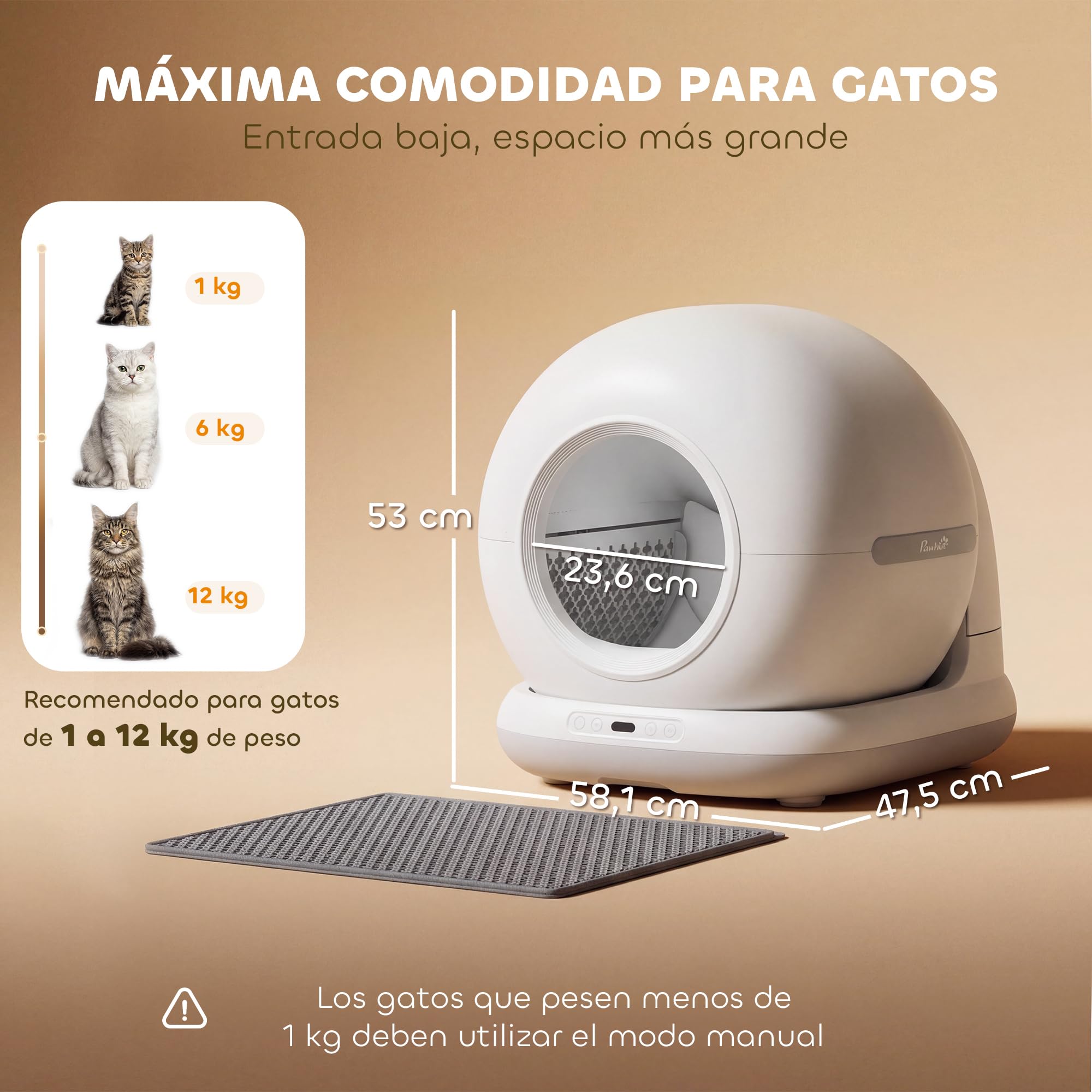 PawHut Arenero Gatos Autolimpiable 72L Extragrande con Control por App | Sensores de Seguridad, Control de Olores y Ruido, Gel Desodorante, Alfombrilla y Bolsas de Basura