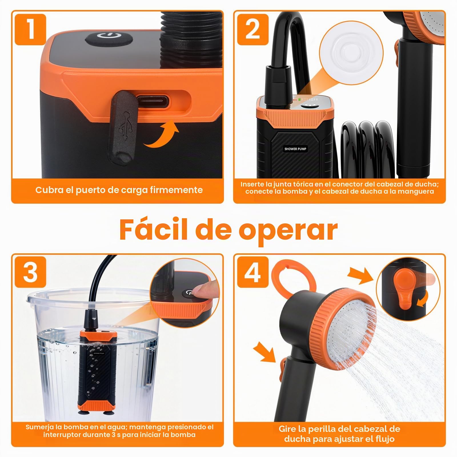 Ducha Portátil de Camping, Bomba Recargable 8000 mAh con Doble Velocidad, IPX8, Pantalla Digital Inteligente - Kit para Exteriores Ideal para Viajes, Lavado de Coches y Baño de Mascotas