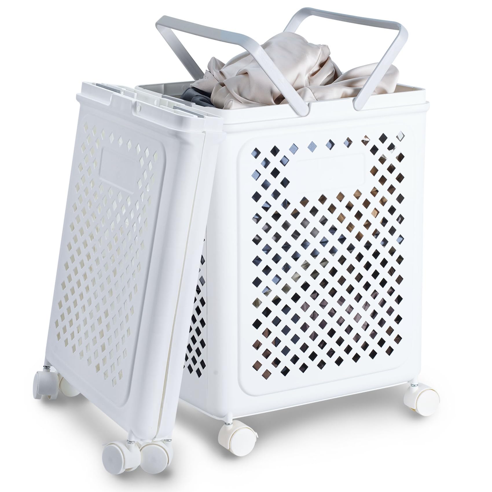 Angju Laundry Basket, Plastic Folding Laundry Hampers With Wheels, 50L Collapsible Laundry Baskets With Handles, Rolling Laundry Hamper With Breathable, Easy to Move for Bathroom, Dorm,Laundry Room