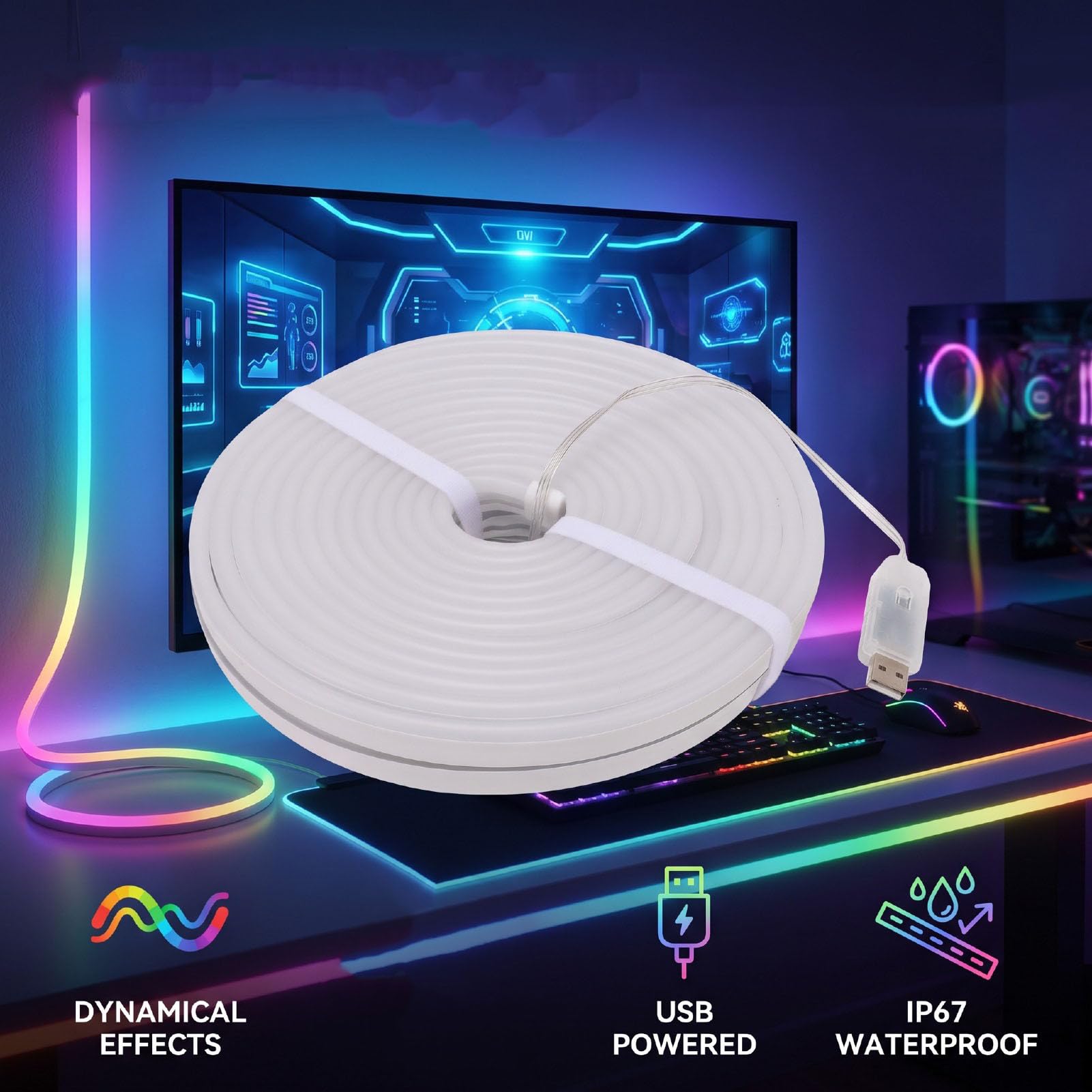 Fafeicy Luces de Cuerda de Neón LED RGB, Tira Impermeable USB | Control Direccionable IC Inteligente, Función de Operación Remota de Aplicación, Construcción de Tubo de Silicona IP67,