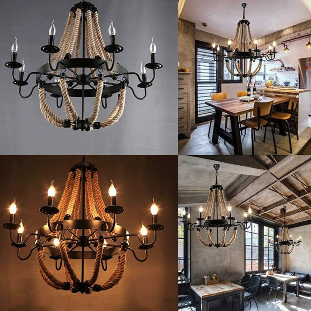Rustikal Pendelleuchte Kronleuchter Schwarz industrial Vintage Hanfseil Hängelampe Esszimmerlampe Klassisch Retro Wohnzimmerlampe Landhaus Arbeitszimmer Lüster, 8-flammig E14, Höhenverstellbar, D85CM