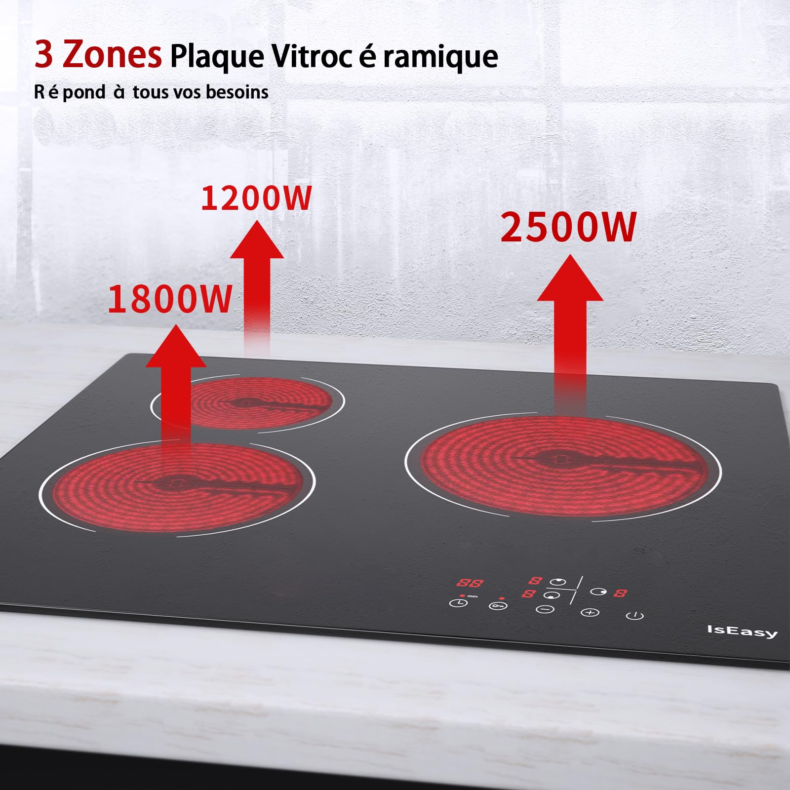 IsEasy Plaque Vitrocéramique 3 Feux Encastrable 60cm 5500W Minuteur 9 Niveaux de Puissance