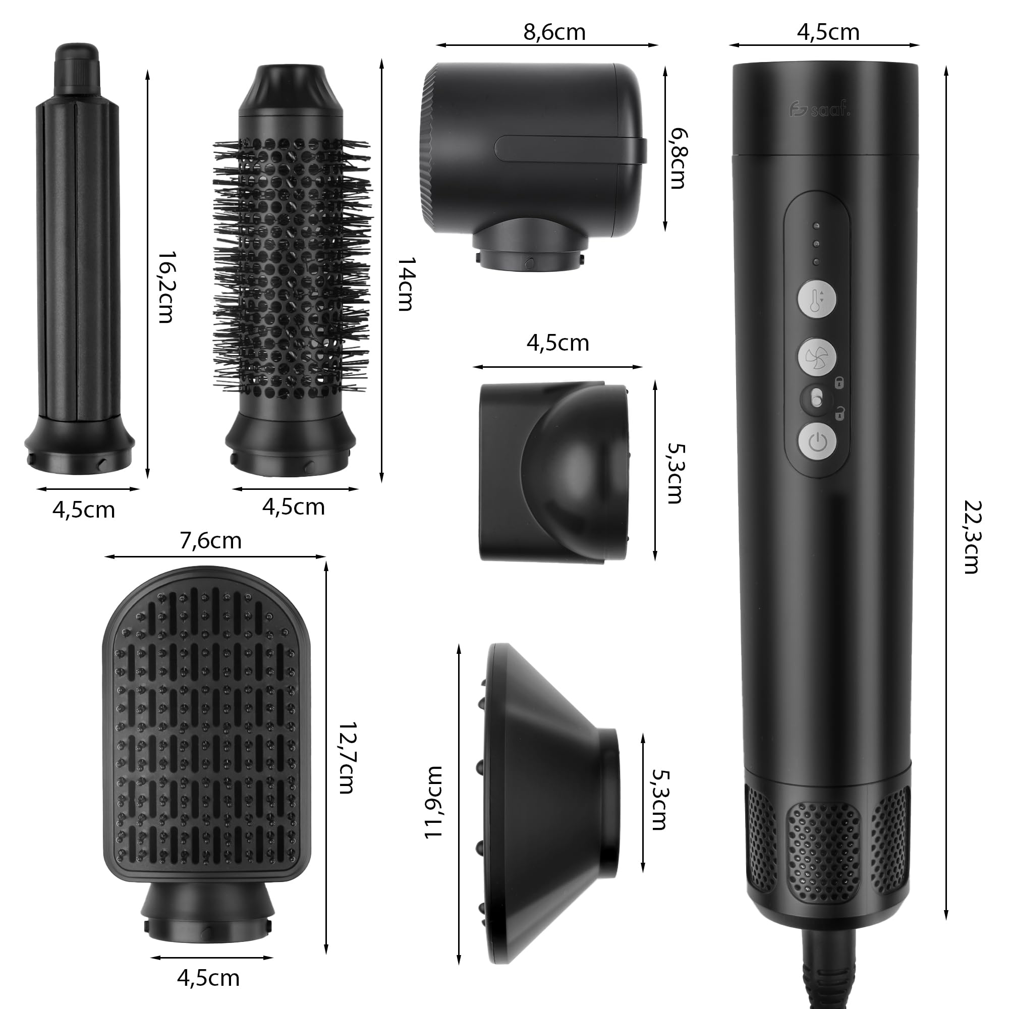 Saaf Brosse Sèche-Cheveux 7-en-1 – Set Airstyler 8 Pièces – Sèche-Cheveux, Brosse Bouclante, Brosse Lissante – Multistyler Hairwrap – Pour Femmes – Idée Cadeau – Noir – Outil Cheveux