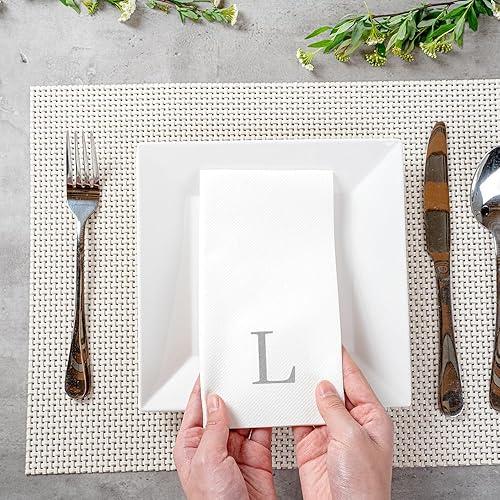 Miniatura 333 de Luxenap - Toallas de invitados de 15.8 x 7.9 pulgadas, 50 toallas de mano con letras plateadas, letra "P", fuente Sans Serif, servilletas de papel