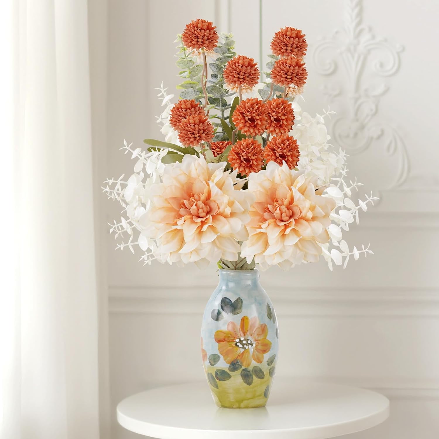 Fake Flowers with Small Hand-Painted Vase,17" Champagne Artificial Flowers Bouquet in Ceramic Vase,Silk Flower Eucalyptus Arrangements for Home Dining Living Room Office Coffee Table Decorations - Image 3