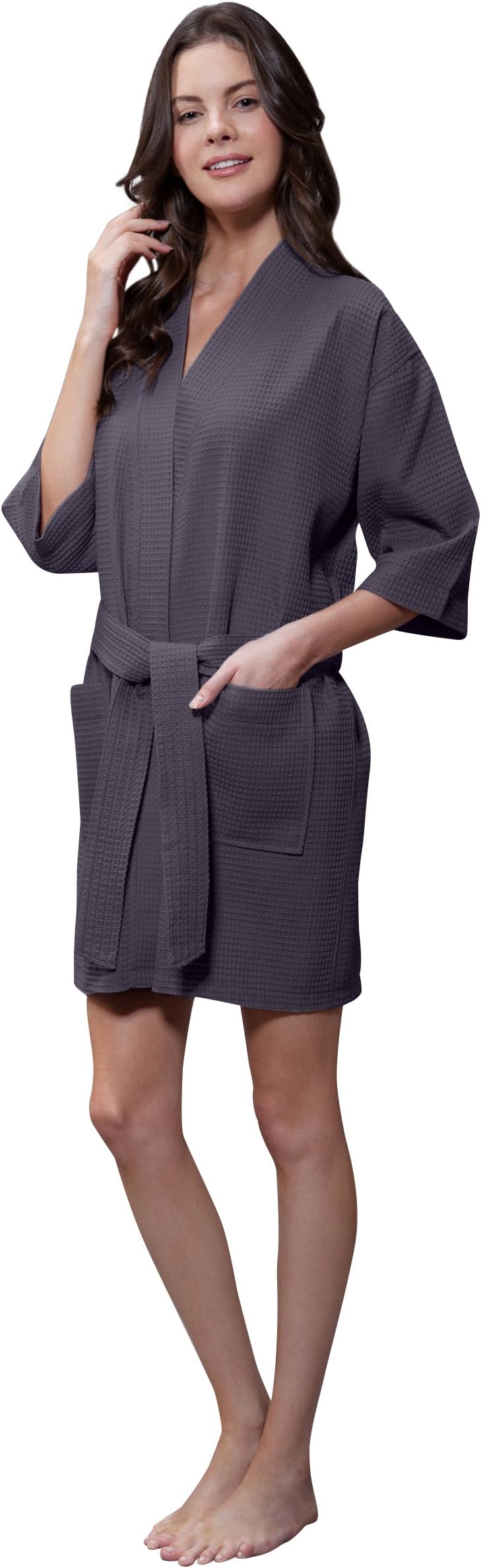 Linen Lightweight Knee Length Waffle Kimono Bridesmaids Robes For Women - Spa Bathrobe