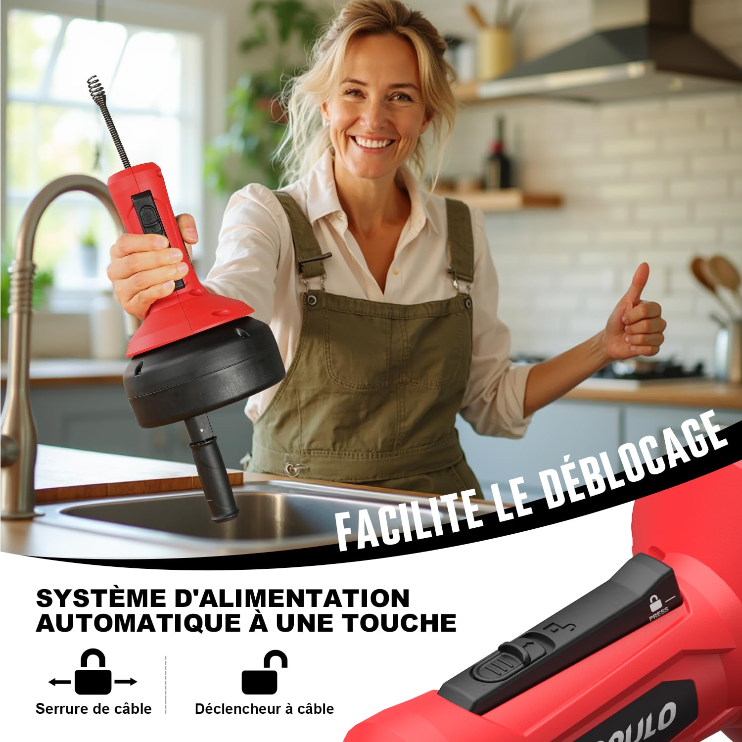 POPULO Déboucheur de canalisation, Furet Déboucheur de Canalisation à alimentation automatique pour déboucher les canalisations, 5m outil de nettoyage manuel pour douche, baignoire, cuisine et évier