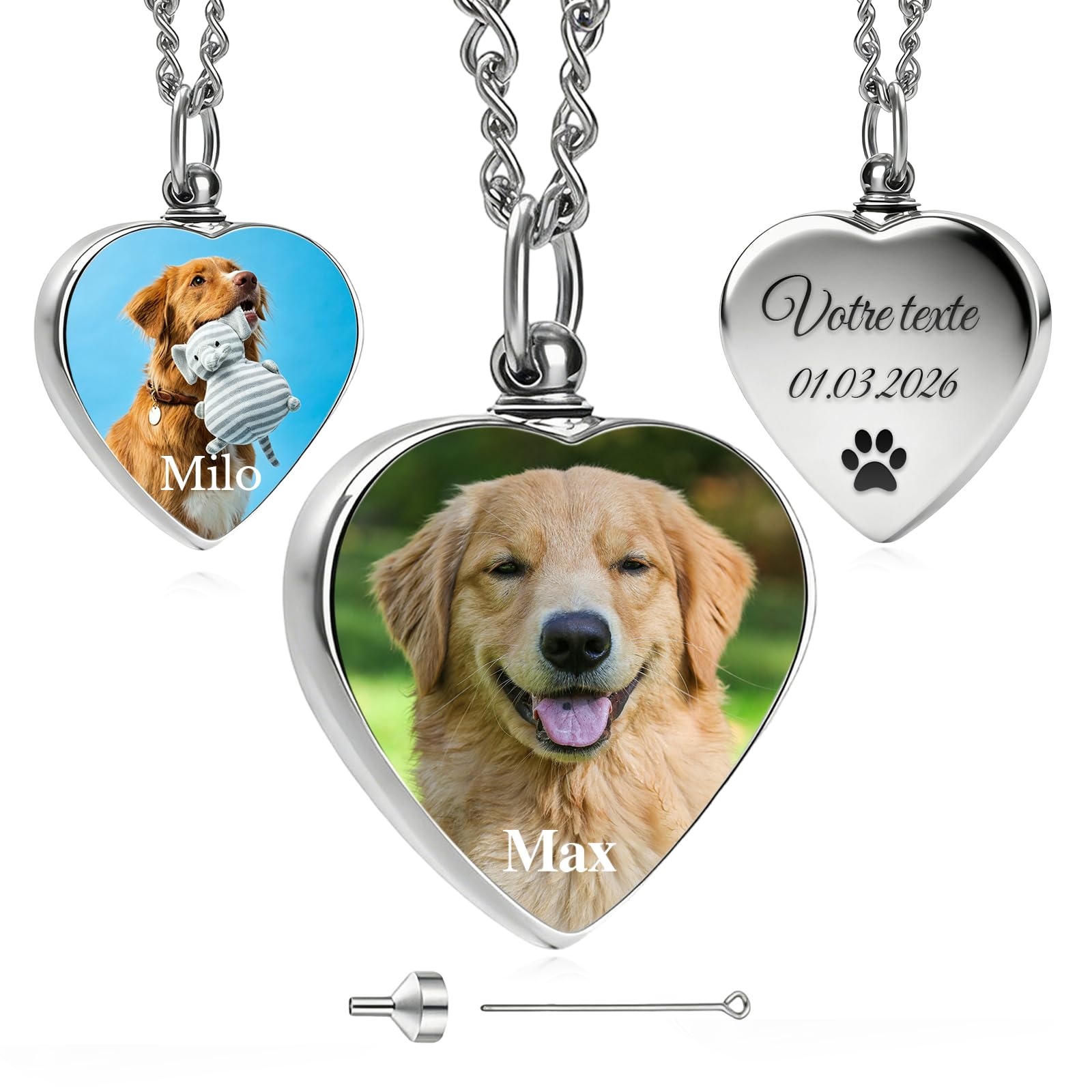Yace Personalised Heart Pet Ashes Necklace, Custom Pet Ashes Memorial Jewelry for Storing Ashes and Fur with Name Photo, Memorial Necklaces Gifts for Dog Cat Loss (Silver-03)