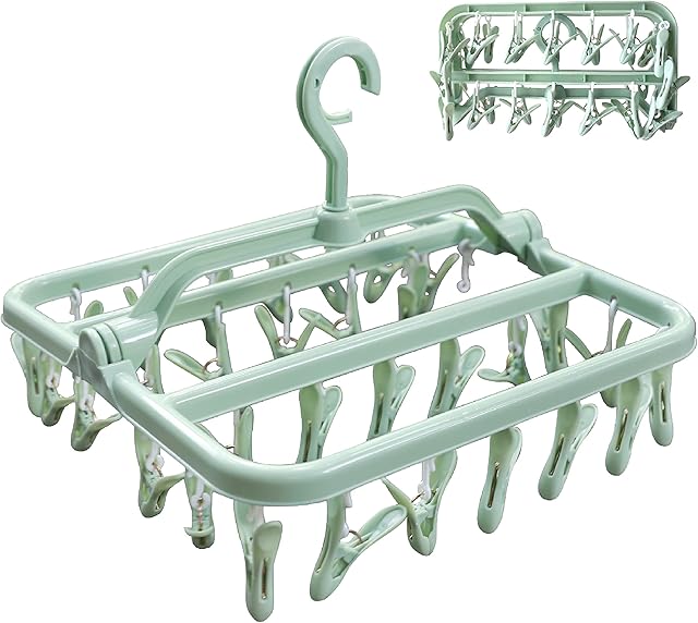 LIVXURY 32 Peg Foldable Drying Rack, Windproof, Drying rack, Laundry rack, Clothes drying rack, Clothes dryer, Sock dryer, Dryer rack, Sock Underwear hanger, Clothes pegs, Laundry airer (Green)