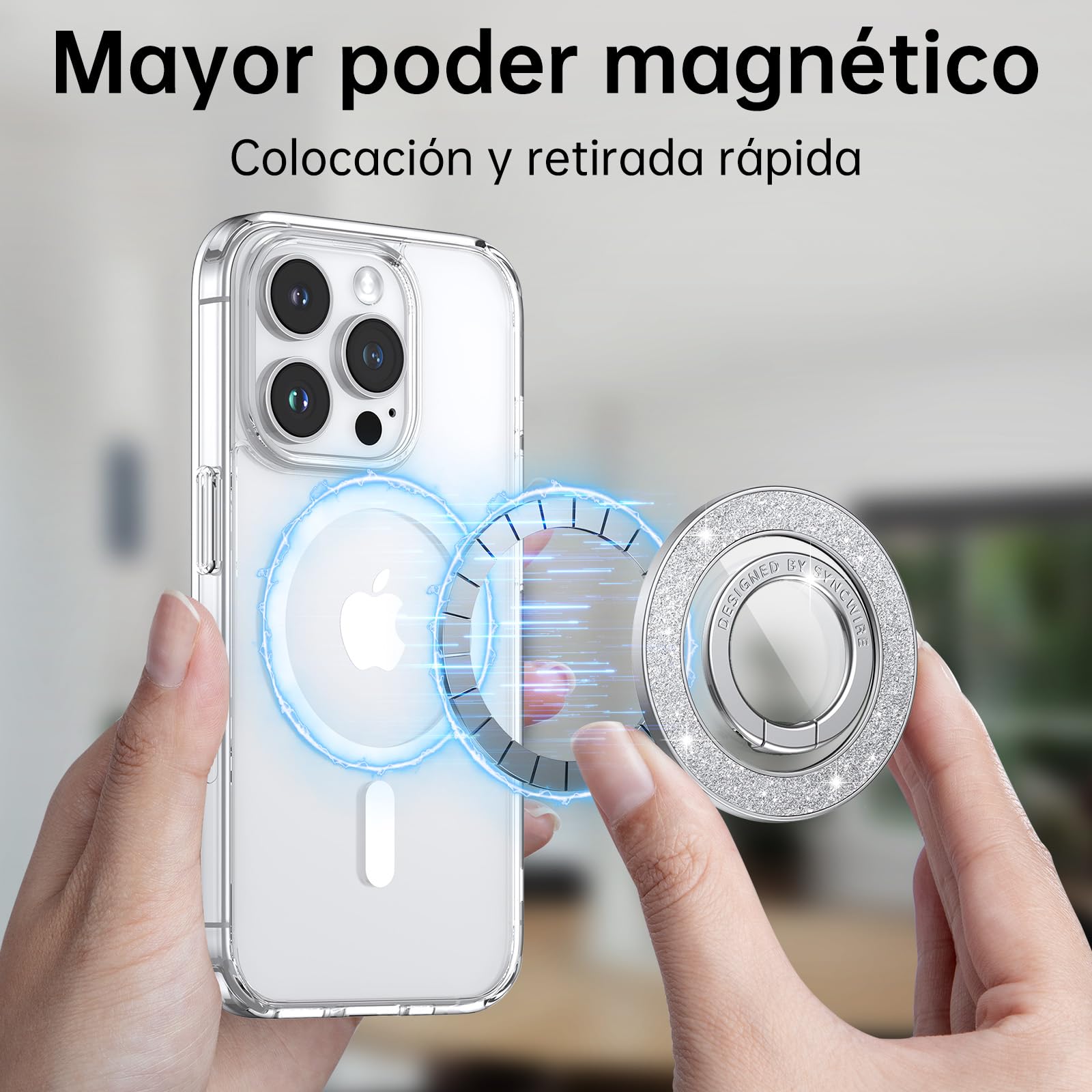 Syncwire Soporte Magnético para Teléfono para MagSafe, Sostenedor de Anillo Magnético para Teléfono, Rotativa Accesorios MagSafe Removibles para iPhone 16 Pro MAX 15 14 13 Android- Diamante Brillante