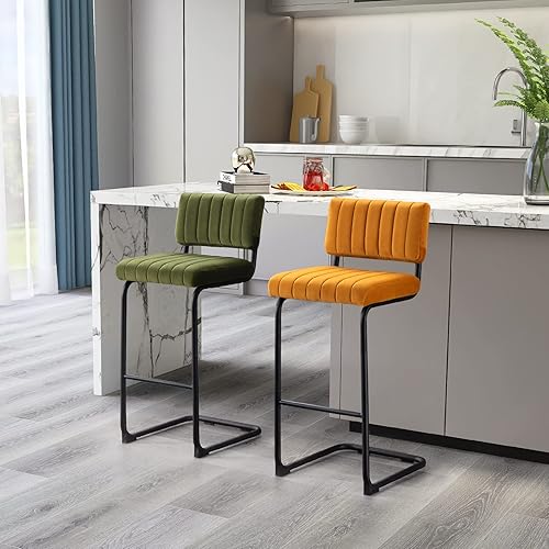 Miniatura 7 de ONEVOG Taburetes de bar de terciopelo verde de 30 pulgadas de altura con respaldo y patas de metal voladizas, taburetes de bar tapizados modernos de
