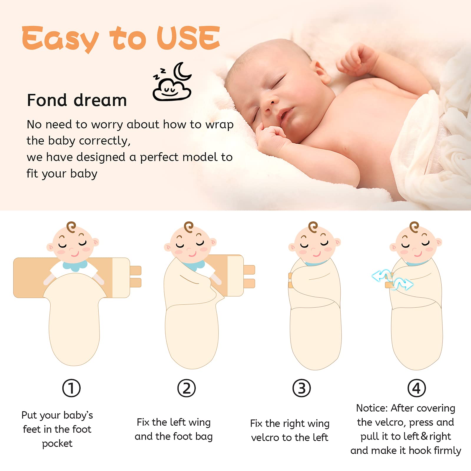 Miracle Baby 3 Pièces Couverture d'Emmaillotage Gigoteuse Sac de Couchage Lange pour Bébé Naissance Nourrisson Nouveau-Né de 0-6Mois en 100% Coton