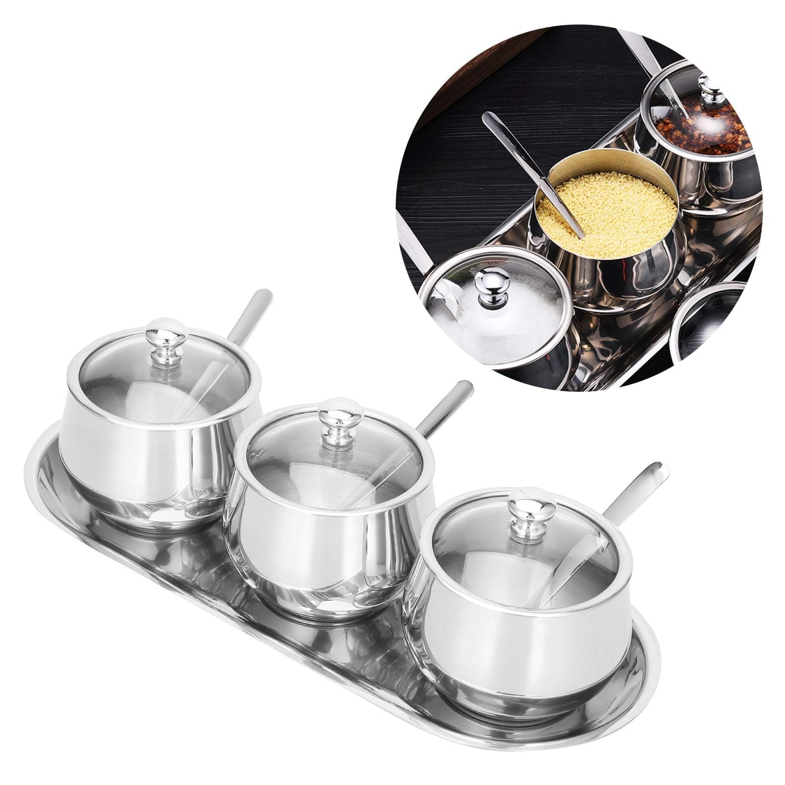 Zuckerdose Aus Edelstahl, Multifunktionaler Zuckerbehälter Gewürzbehälter Gewürzdose Edelstahl Zuckertopf Set Mit Deckel Transparent Und Zucker Löffel Tablett Aufbewahrungsorganisation Für Küche