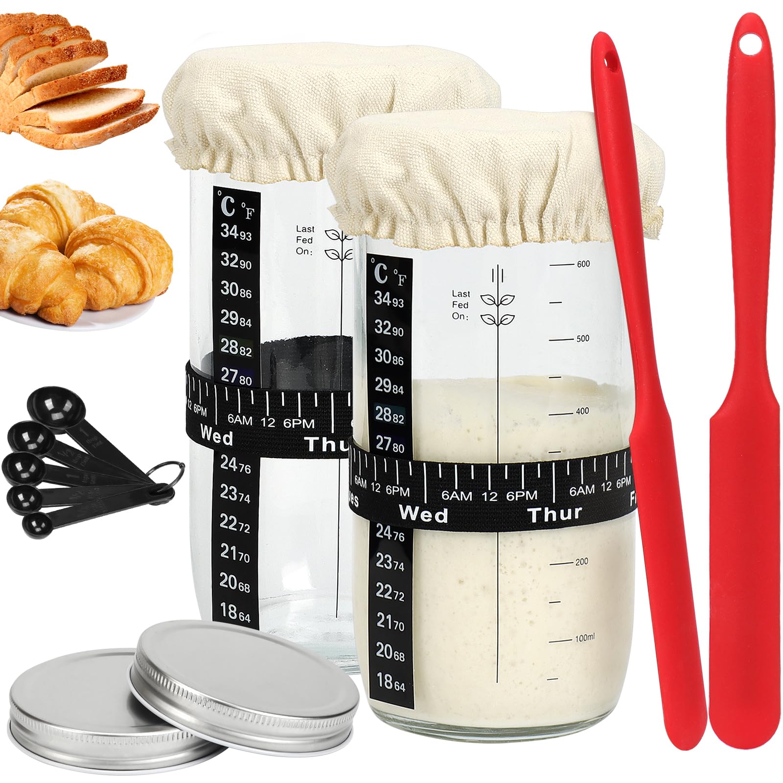 Sourdough Bread Starter Kit - 24OZ Glass Sourdough Starter Jar With Date Marked Feeding Band, Thermometer, Sourdough Jar Scraper, Cloth Cover & Aluminum Lid - Reusable Sourdough Bread Baking Supplies