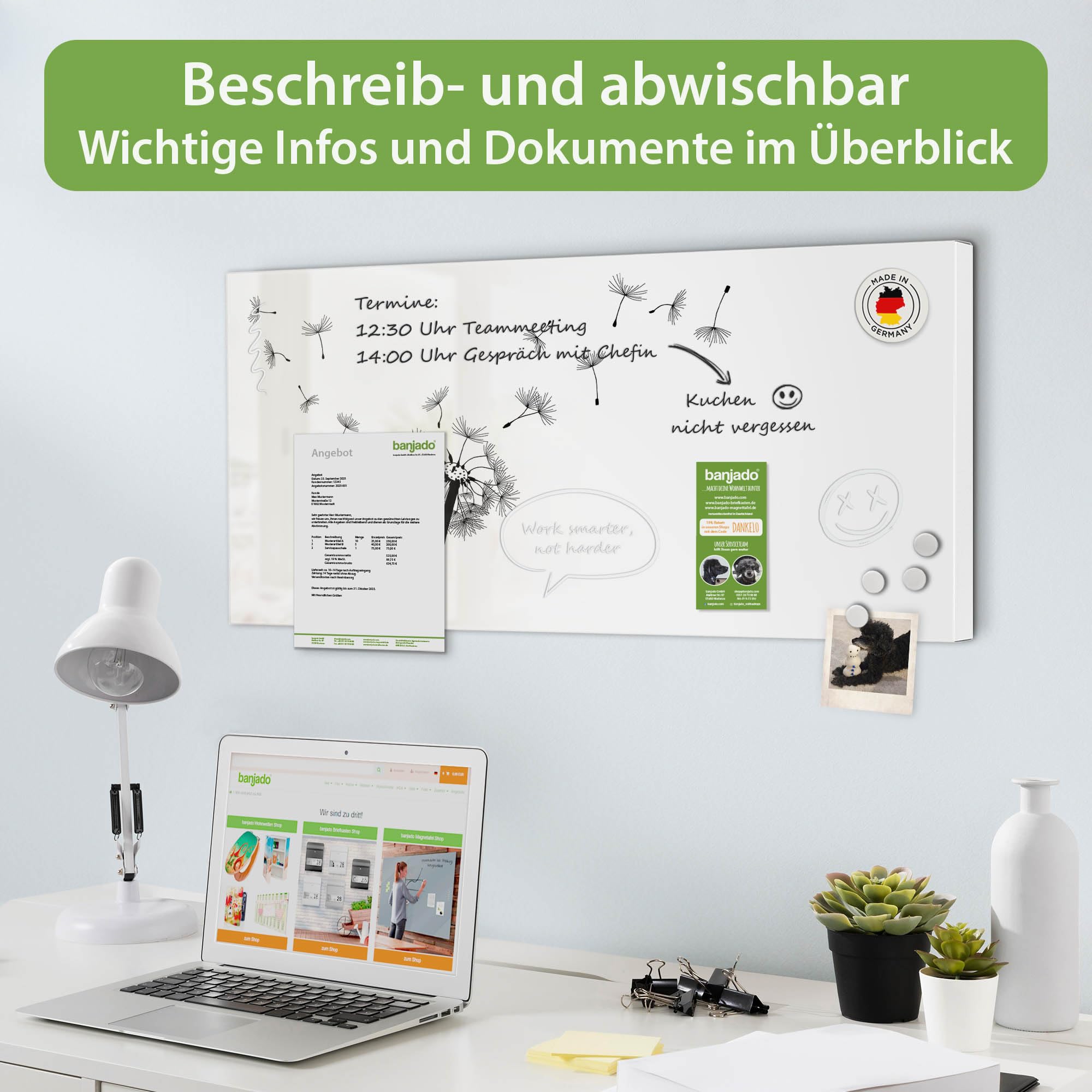 banjado Magnettafel Metall 78 x 37cm - beschreibbare Magnettafel - Metall Pinnwand als Memoboard - Magnetwand Küche, Büro, Kinderzimmer Weiß inkl. 4 Magnete & Montageset - Motiv Pusteblume 2