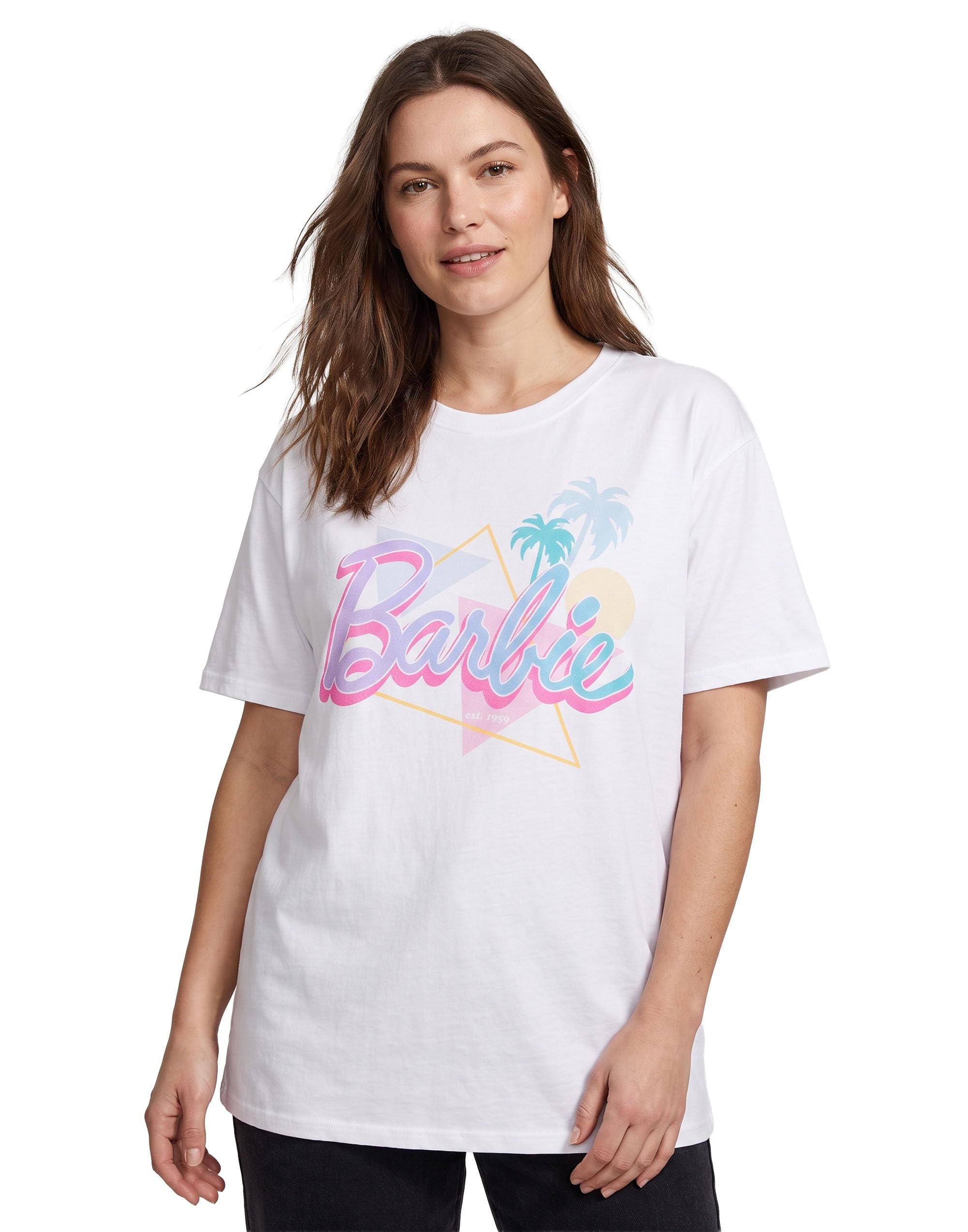Barbie Womens T-Shirt | White Pastel Palm Tree Beach Oversized Graphic Tee for Ladies | Classic Logo Short-Sleeved Retro Fashion Top | Doll Casual Graphic Tee Movie Merchandise Gift