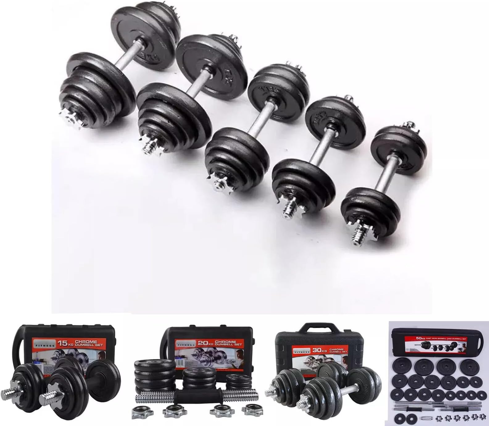 Adjustable Cast Iron Dumbbell & Barbell Weight Set with Spinlock Bars and Plates for Home Gym Strength Training, 15kg 20kg 30kg & 50kg Weights for Fitness, Muscle Building and Workouts