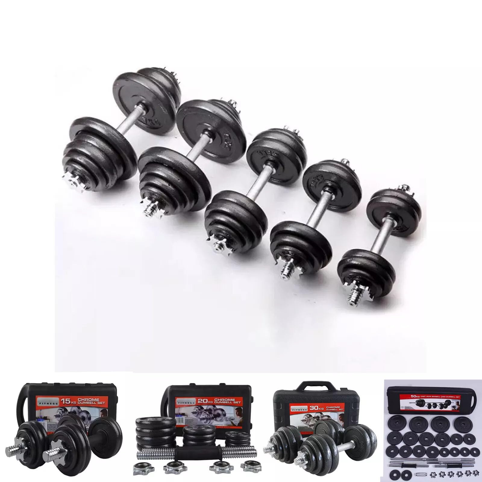 Adjustable Cast Iron Dumbbell Barbell Set - 15kg, 20kg, 30kg, 50kg Weight Set for Men & Women with Spinlock Bars & Plates