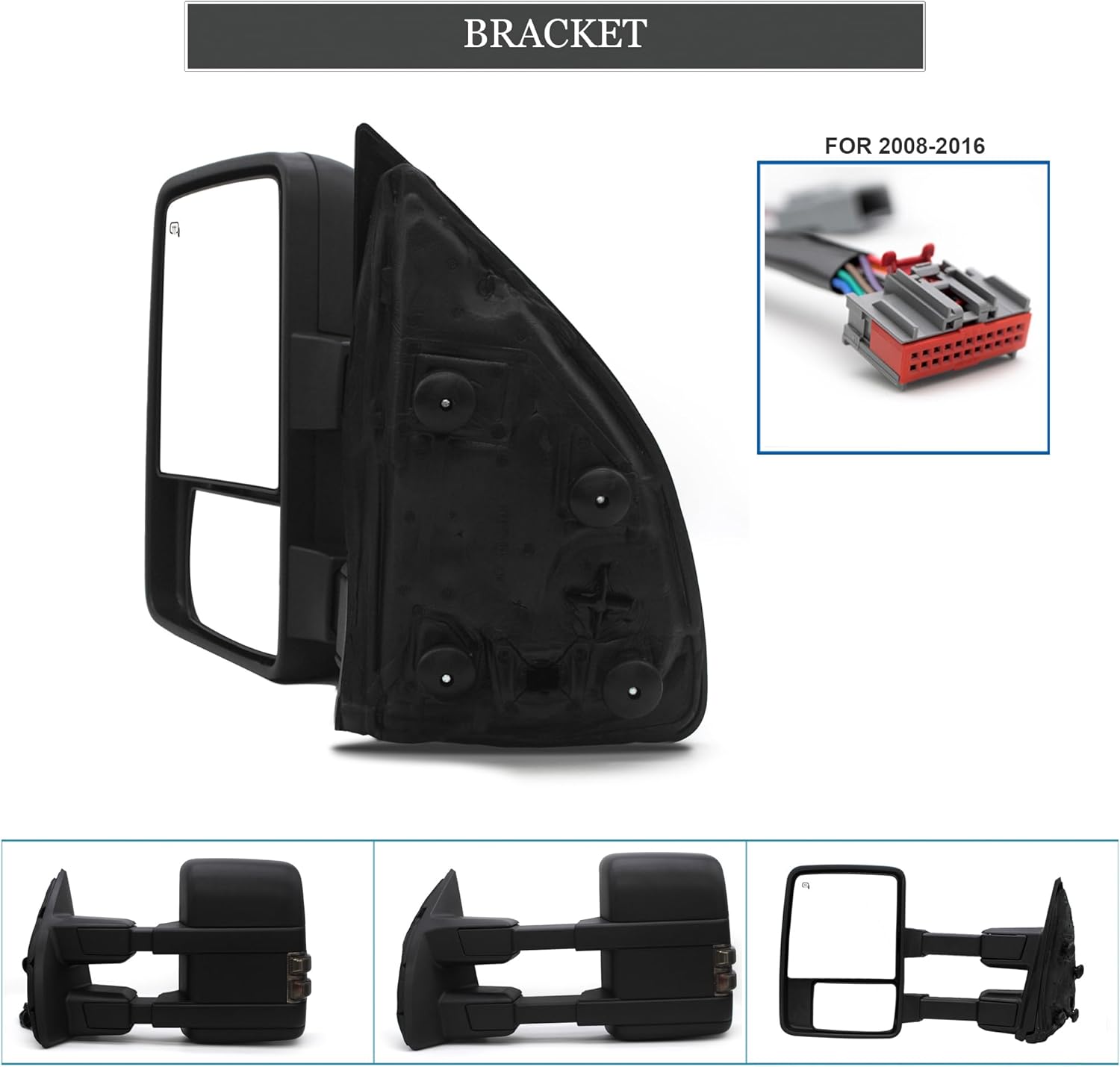 ReYee A Pair of Towing Mirrors fit for 2008-2016 Ford F250 F350 F450 F550 Super Duty Manual Telescopic Power Heated with Smoky Color Turn Signal Light Temperature Sensor Auxiliary Light Black Cap