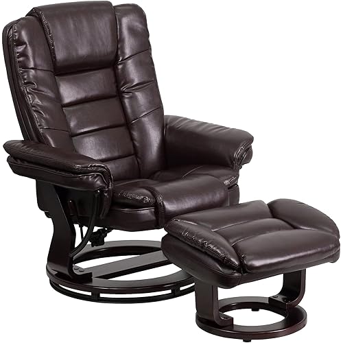 Flash Furniture Contemporary Multi-Position Recliner with Horizontal Stitching and Ottoman with Swivel Mahogany Wood Base in Brown LeatherSoft