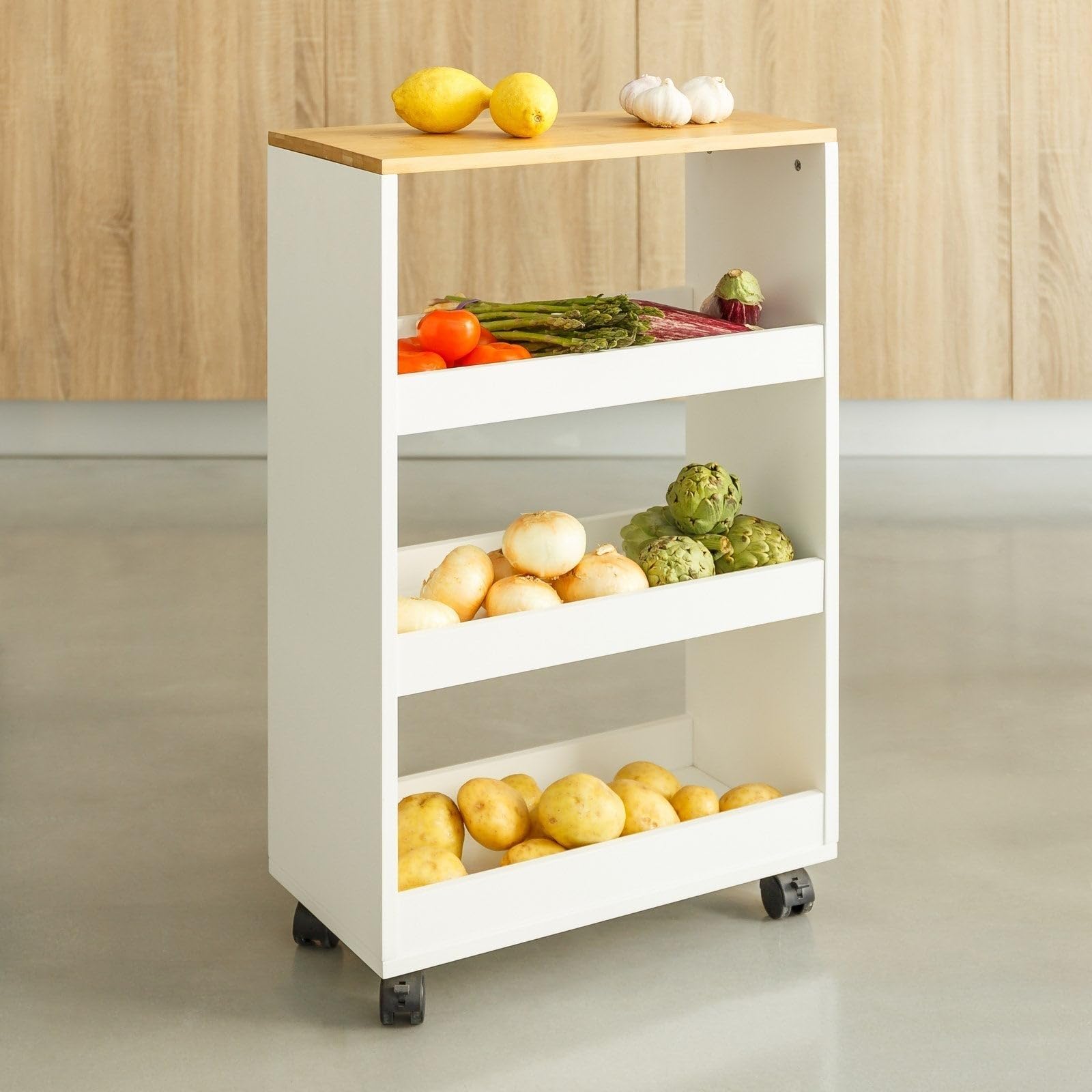 CASASELECCION - Carro estantería con Ruedas en Madera Blanco y Natural de 48x24x77 cm. Carrito Multiusos con bandejas anticaída, Ideal para organizar con Movilidad la Cocina, el baño u Oficina.