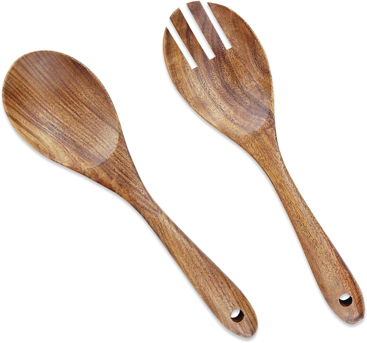 AOOSY 2 Pieces Wooden Salad Servers,10.2 inches Wood Serving Spoons Set Salad Mixing Dinner Fork and Spoon Long Handle Salad Tongs Kitchen Cooking Utensil Cutlery Set
