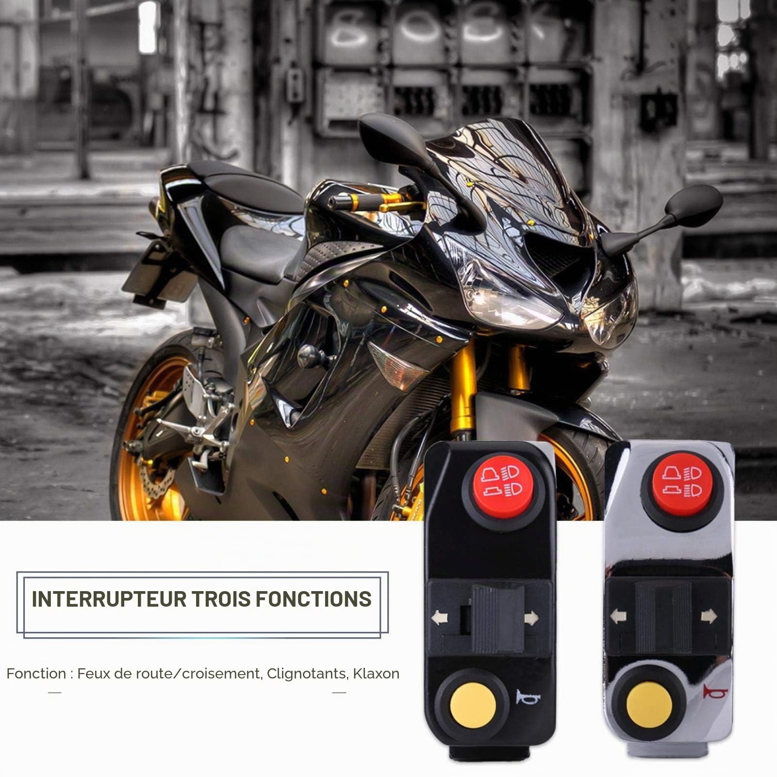 Qiilu 7/8" Interrupteurs de Montage de Guidon de Moto avec Clignotants de Klaxon Contrôle de Feux de Croisement haut(Noir)
