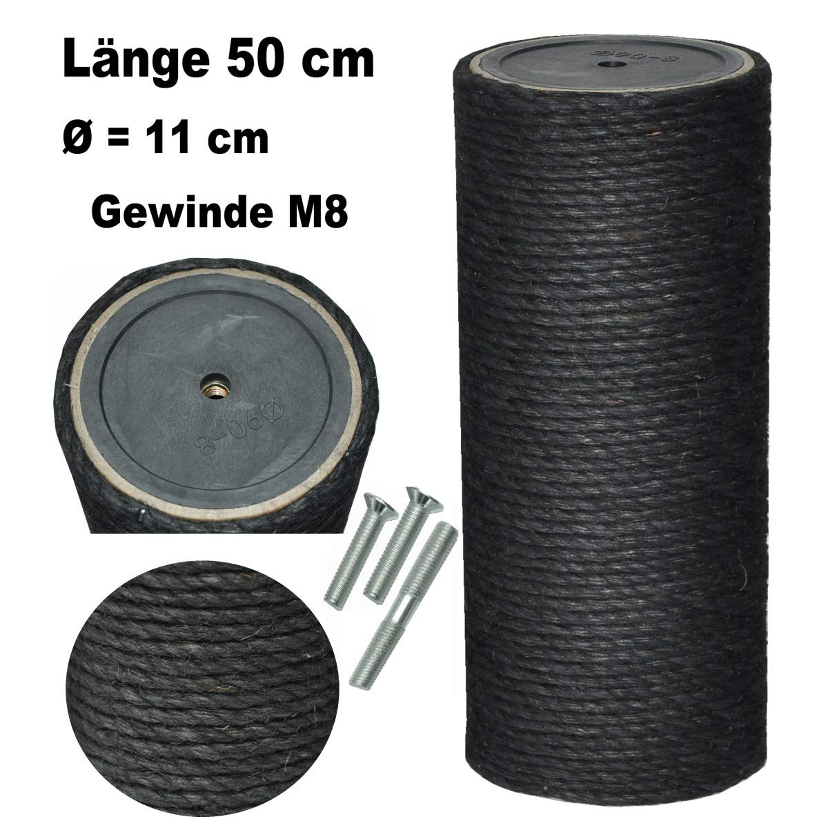 nanook Kratzstamm/Sisalsäule/Ersatzstamm für Kratzbäume - Ø 11 cm, Gewinde M8 - schwarz - Länge 50 cm - inkl. 3 Befestigungsschrauben