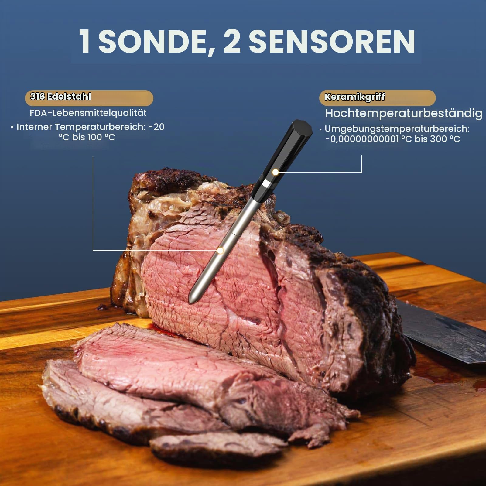 Fleischthermometer Kabellos zum Grillen und Räuchern, 500FT Fleischfühler-Thermometer, Bratenthermometer Kabellos Intelligenter Lebensmittelthermometer-Fühler für BBQ, Grill, Smoker, Sous Vide - Blau