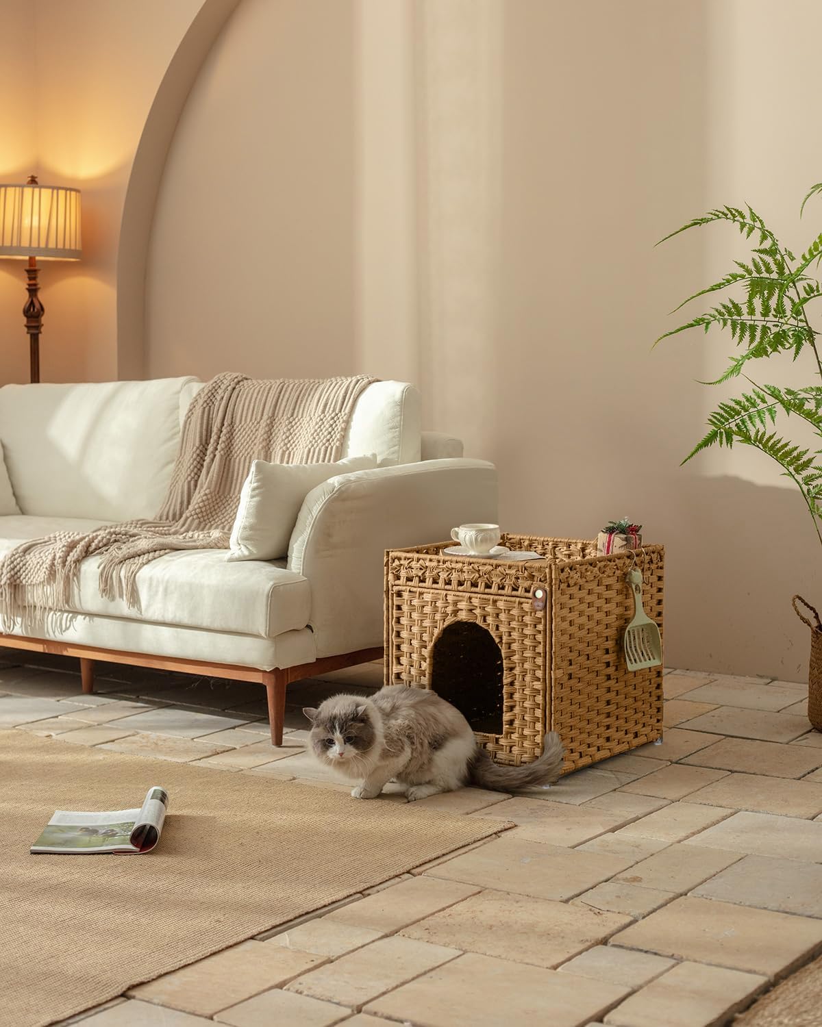 Mueble arenero Gatos Casa para Gatos, ratán Trenzada a Mano con Alfombra, 52 x 47 x 48,5 cm, Color Natural