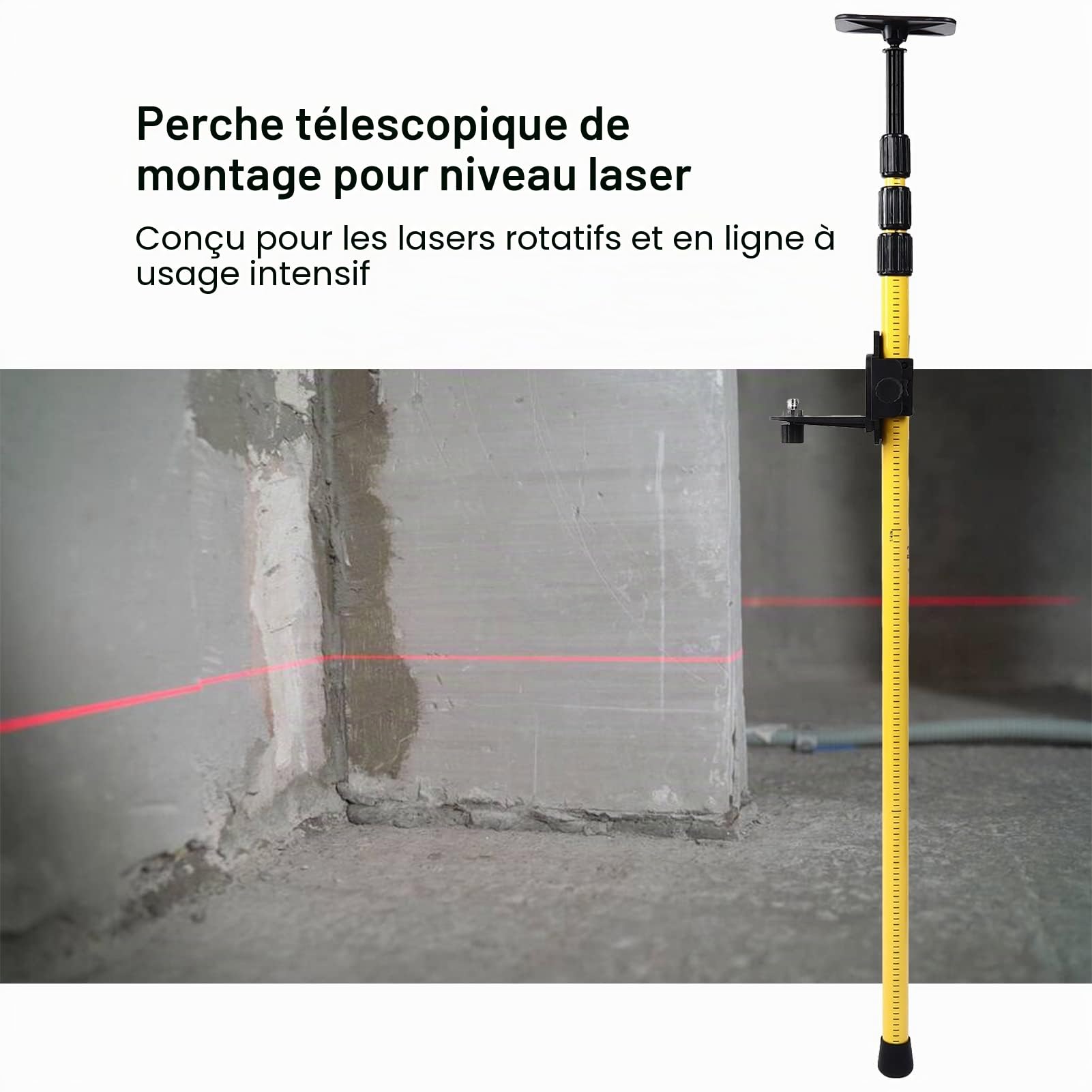 Mât Télescopique de Nivellement 2,8 Mètres, Perche Télescopique Professionnelle pour Rotatif Linéaire, Support de Montage Réglable Antidérapant, Sac de Rangement Inclus