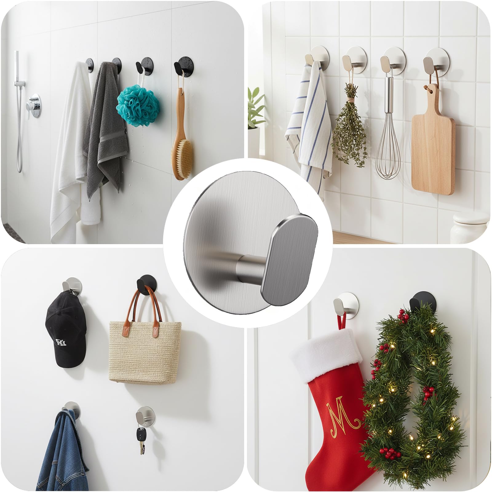 Ganci Adesivi 4 Pezzi Portasciugamani in Acciaio Inox Rotondo Gancio Appendiabiti Attaccapanni Muro Gancio Appendi Accappatoio Appendiabiti Impermeabile Antiruggine per Bagno e Cucina, Argento