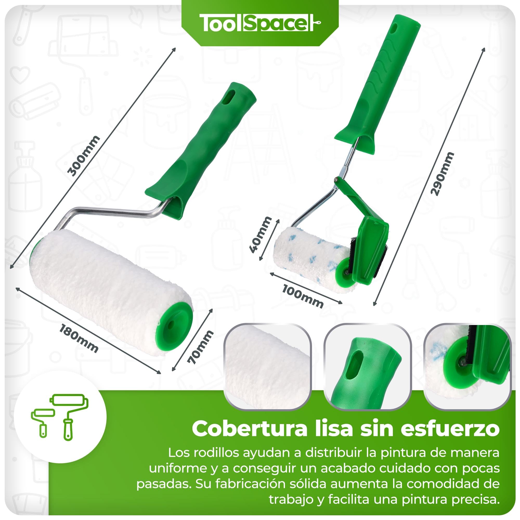 ToolSpace set de pintor 9 piezas rodillo de pintura para pintar techos paredes - rodillo y mango rodillo de recorte brocha bandeja de pintura